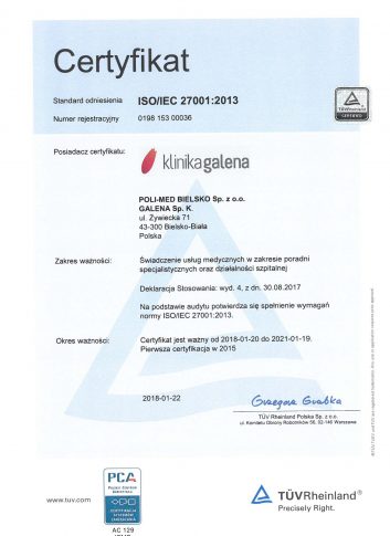 certyfikat Klinika Galena